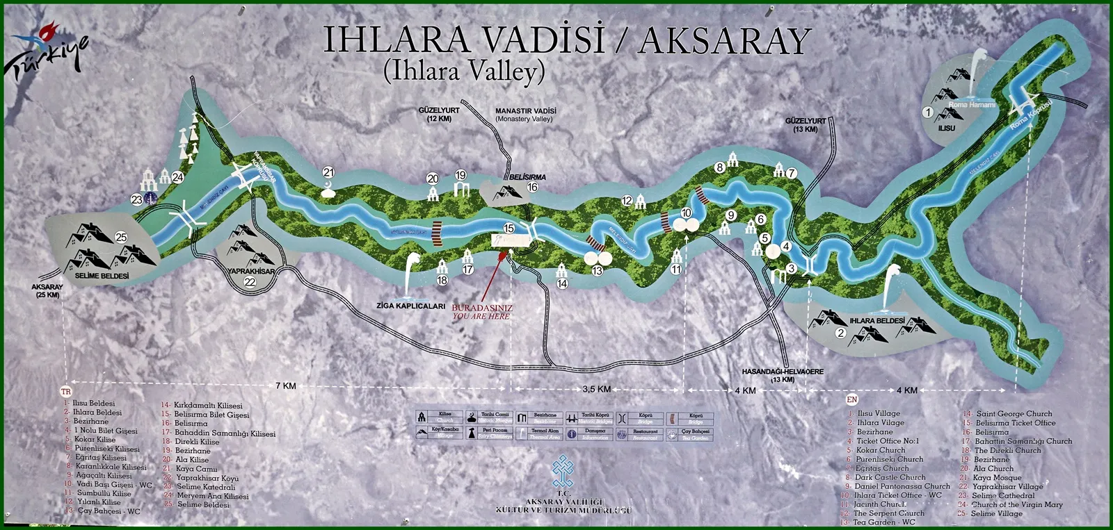 Official Ihlara Valley (Ihlara Vadisi) route map showing the canyon from Aksaray to the Selime end near Yaprakhisar