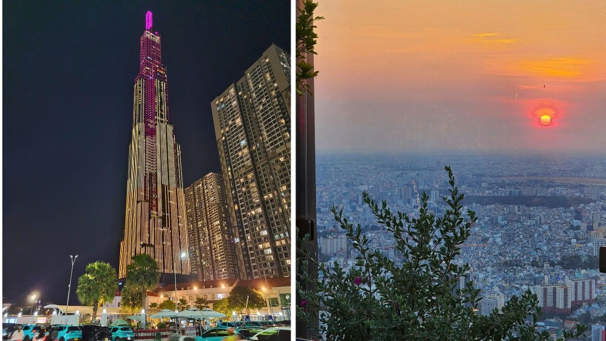 Landmark 81 lit up at night alongside a sunset view across Ho Chi Minh City