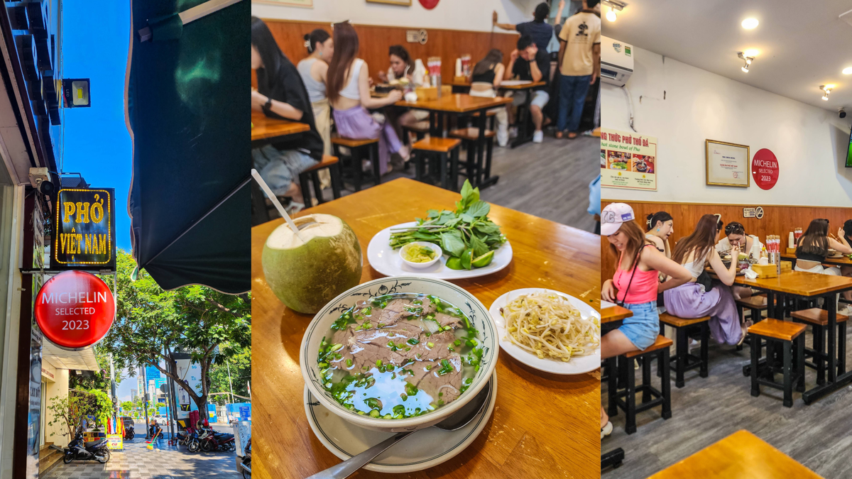 Pho Viet Nam restaurant sign, beef pho bowl and dining room on Pham Hong Thai in Ho Chi Minh City
