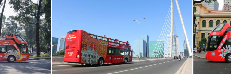 Ho Chi Minh City hop-on hop-off bus crossing Ba Son Bridge and passing city landmarks