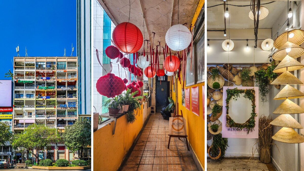 The Cafe Apartments building on Nguyen Hue and lantern-filled cafe interiors in Saigon