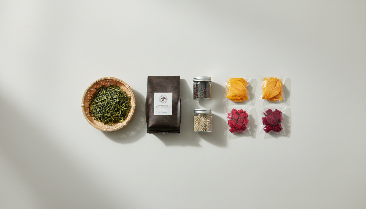 Tea, packaged coffee and dried fruit arranged as small Vietnam gifts