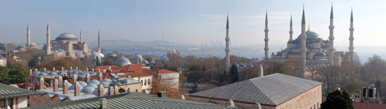 Panoramic view across Sultanahmet Istanbul with Hagia Sophia and the Blue Mosque