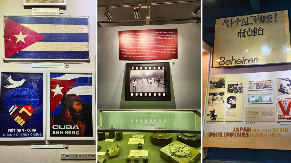 International solidarity displays, a wartime photograph and film equipment at the War Remnants Museum