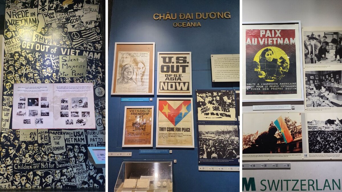 Anti-war posters and international solidarity exhibits including the Oceania display