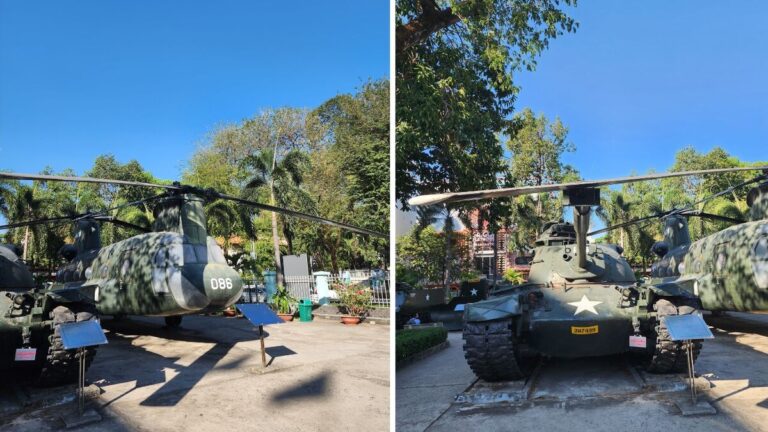War Remnants Museum courtyard with a military helicopter and tank in Ho Chi Minh City