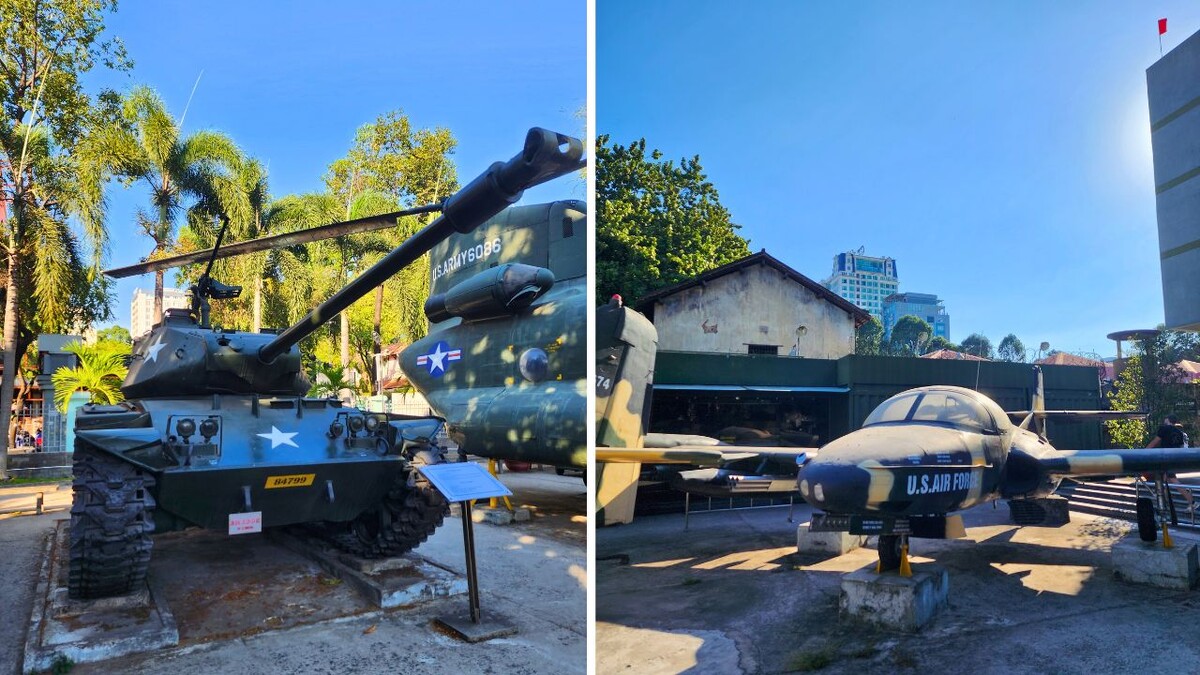 Tank and military aircraft displayed outdoors at the War Remnants Museum