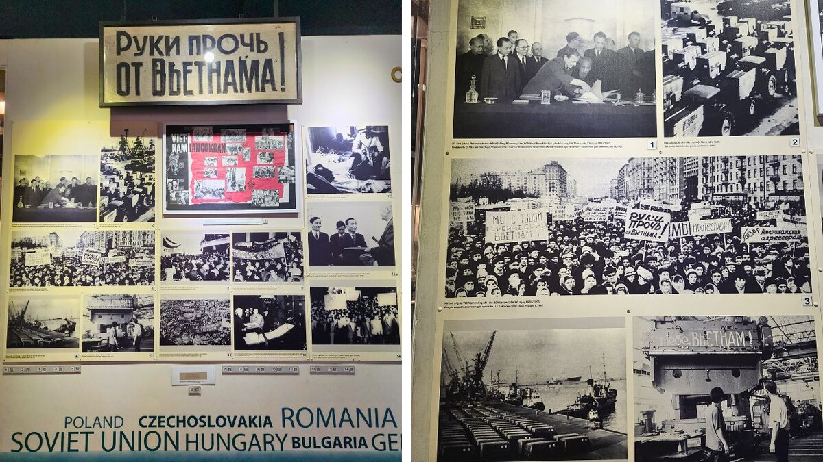 Russian-language anti-war banner and historical photographs in the international solidarity gallery