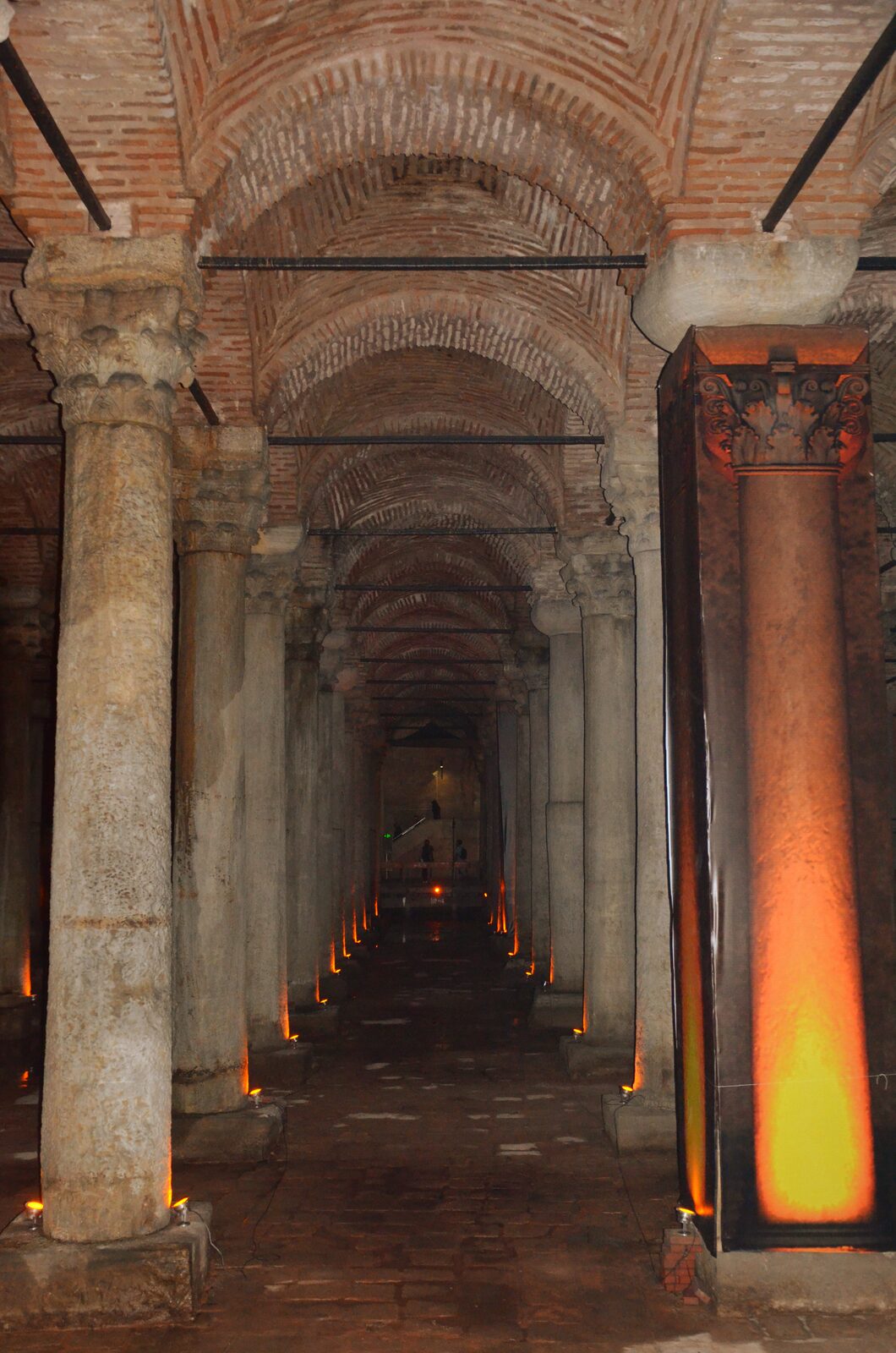 Rows of illuminated columns reflected in the Basilica Cistern in Istanbul