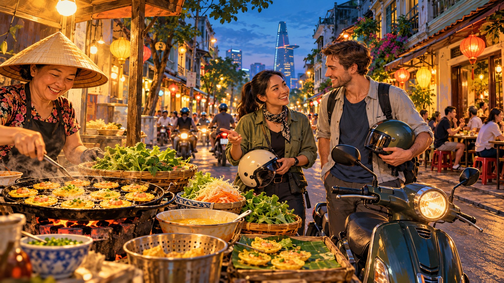 Illustration of a Saigon motorbike food tour with a street-food stall at dusk